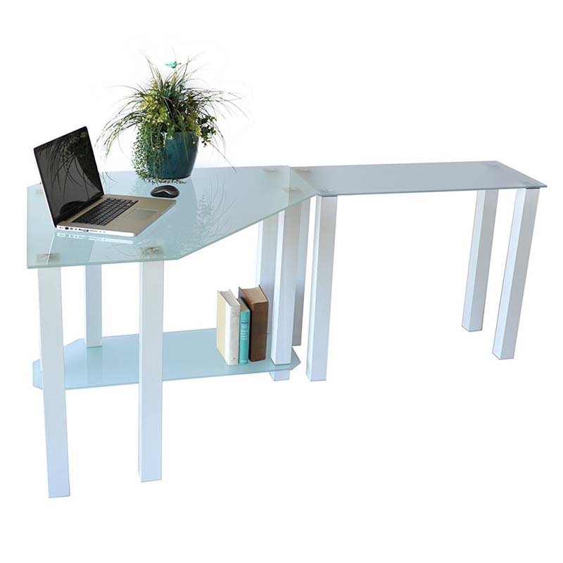 RTA Frosted Glass Corner Computer Desk with Right Side Extension Table