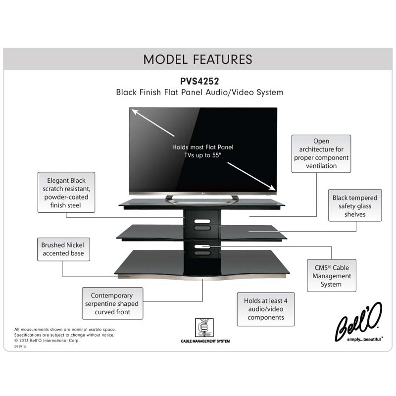 Bello Modern Curved Front Black Glass 55 inch TV Stand Black PVS4252
