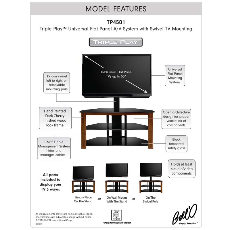 Bello Triple Play Universal Flat Panel TV Stand with Swivel Mount for Screens up to 55 inches