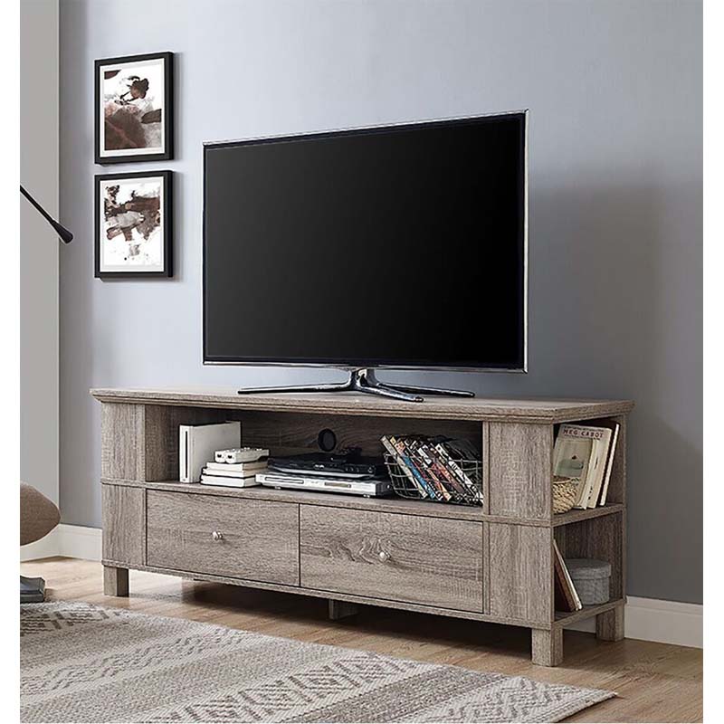 Walker Edison 65 inch TV Stand with Multimedia Storage Driftwood P60CMPAG