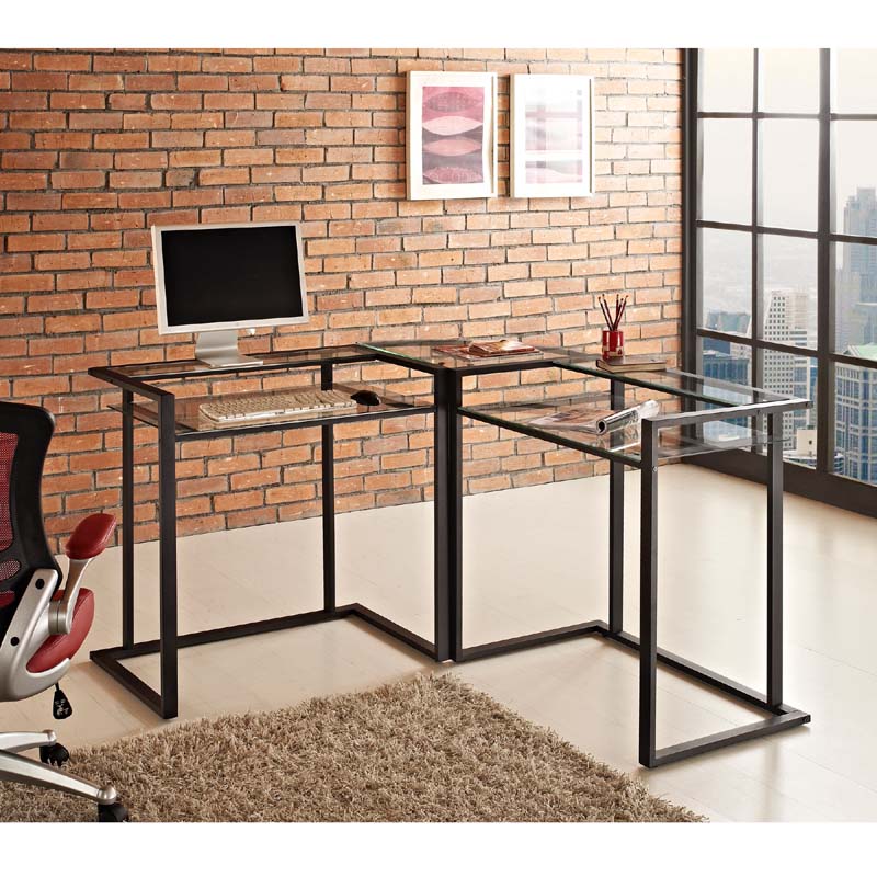 Walker Edison Steel C Frame Corner Computer Desk Black and Clear Glass