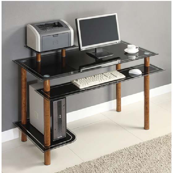 Innovex Black Glass Computer Desk with Shelves (Bird's Eye Finish