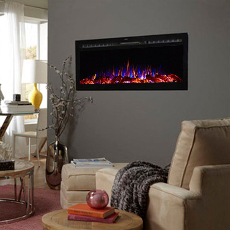 Touchstone Sideline 50 inch Wall Mounted Recessed Electric Fireplace Black 80004 is a beautiful wall mounted electric fireplace with realistic flames and contemporary black frame designed for recessed mounting in wall. All electric fireplaces ship free!