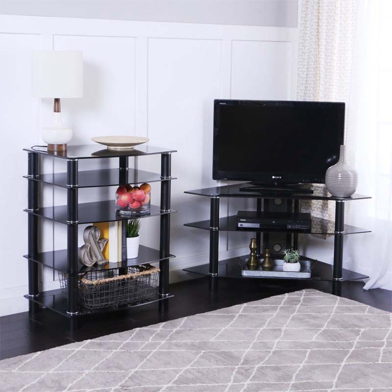 Walker Edison Bermuda Black Glass Corner TV Stand (Black) V44Y76B