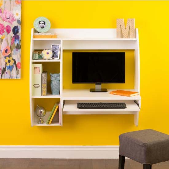 Prepac Floating Wall Mounted Desk with Storage and Keyboard Tray White