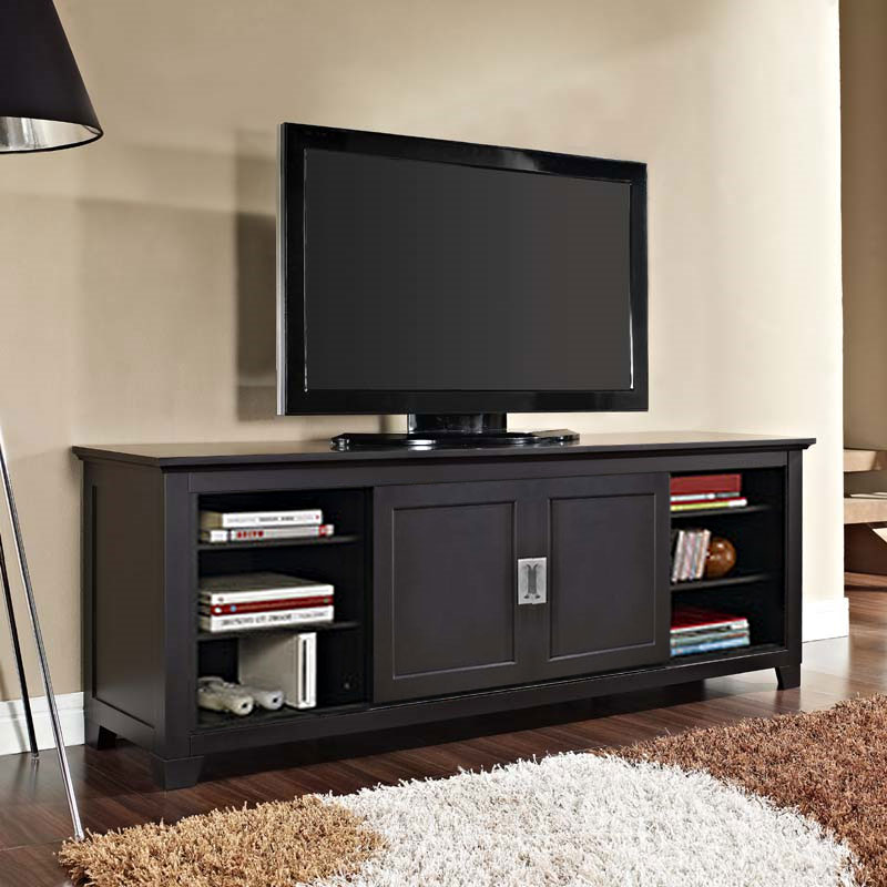 Walker Edison Solid Wood 70 inch TV Stand with Sliding Doors (Black 