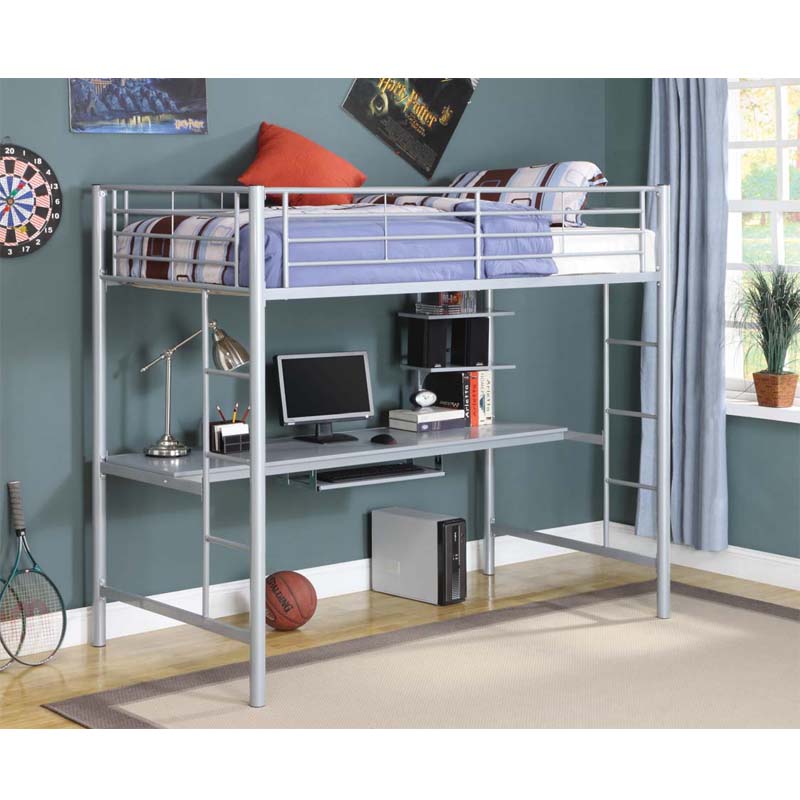 Walker Edison Metal Twin Loft Bed with Workstation Silver BTOZSL