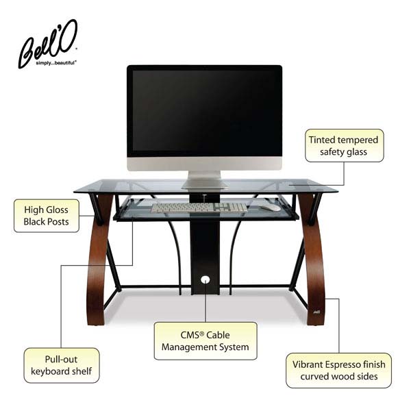 Bello Glass Computer Desk with Curved Wood Sides Espresso CD8841