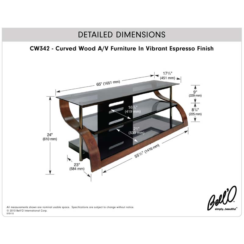 Bello Curved Wood and Black Glass TV Stand for 73 inch Screens Espresso