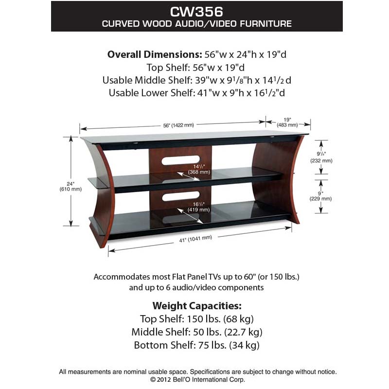 Bello Curved Wood 60 inch TV Stand with Tinted Glass Caramel Brown CW356