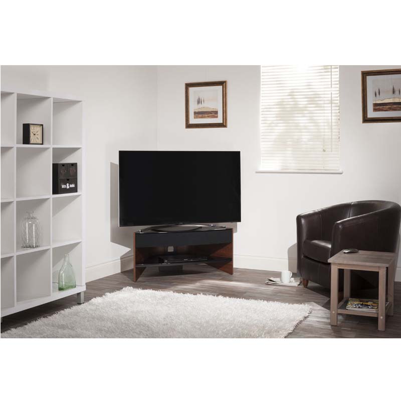 Techlink Riva Sound 50 in. Corner TV Stand with Sound Bar Walnut and Black Glass RV100SW