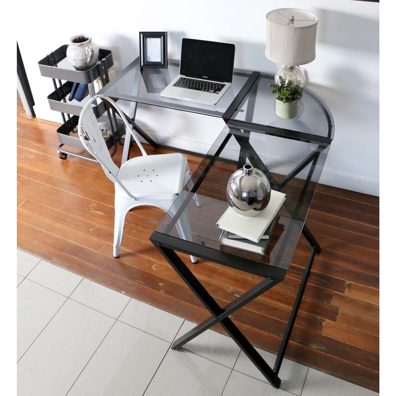 Walker Edison X Frame Smoked Glass and Steel Corner Computer Desk Black