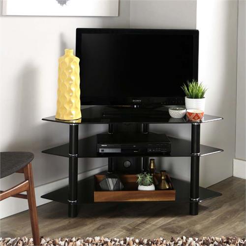 Walker Edison Bermuda Black Glass Corner TV Stand (Black) V44Y76B